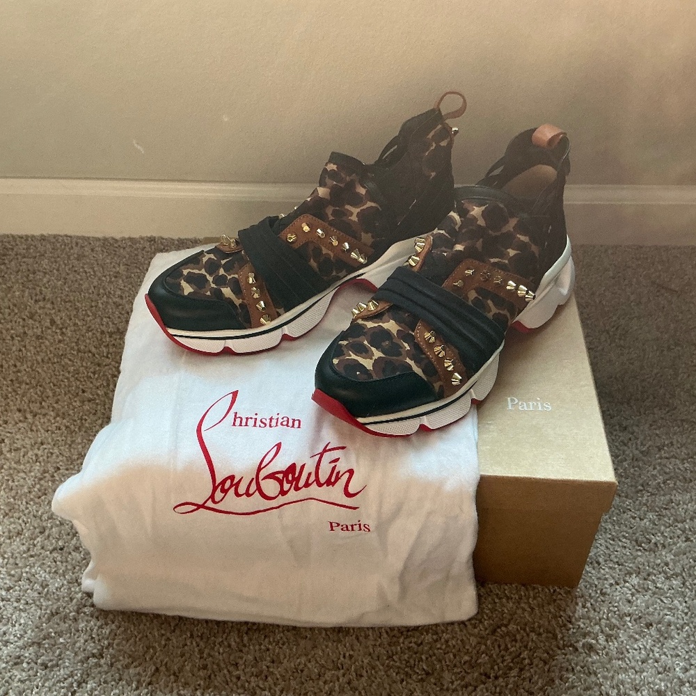 123 RUN FLAT CALF/NEOP LEO/CR SATIN SNEAKERS - Christian Louboutin W 38.5 REAL